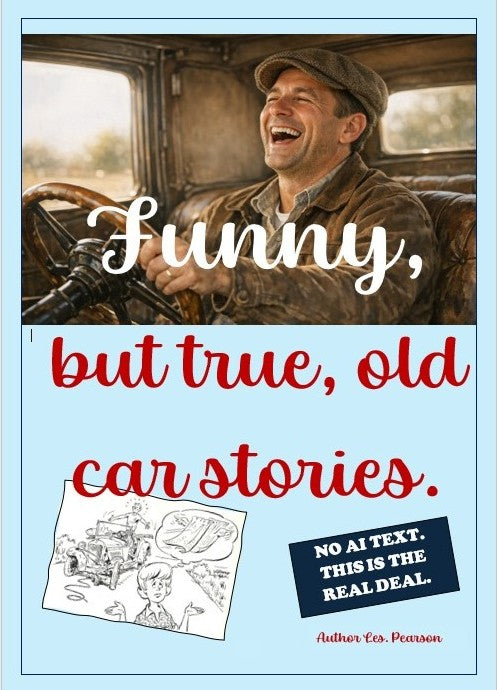 Old car stories book with red and white title text and small comic illustrations.